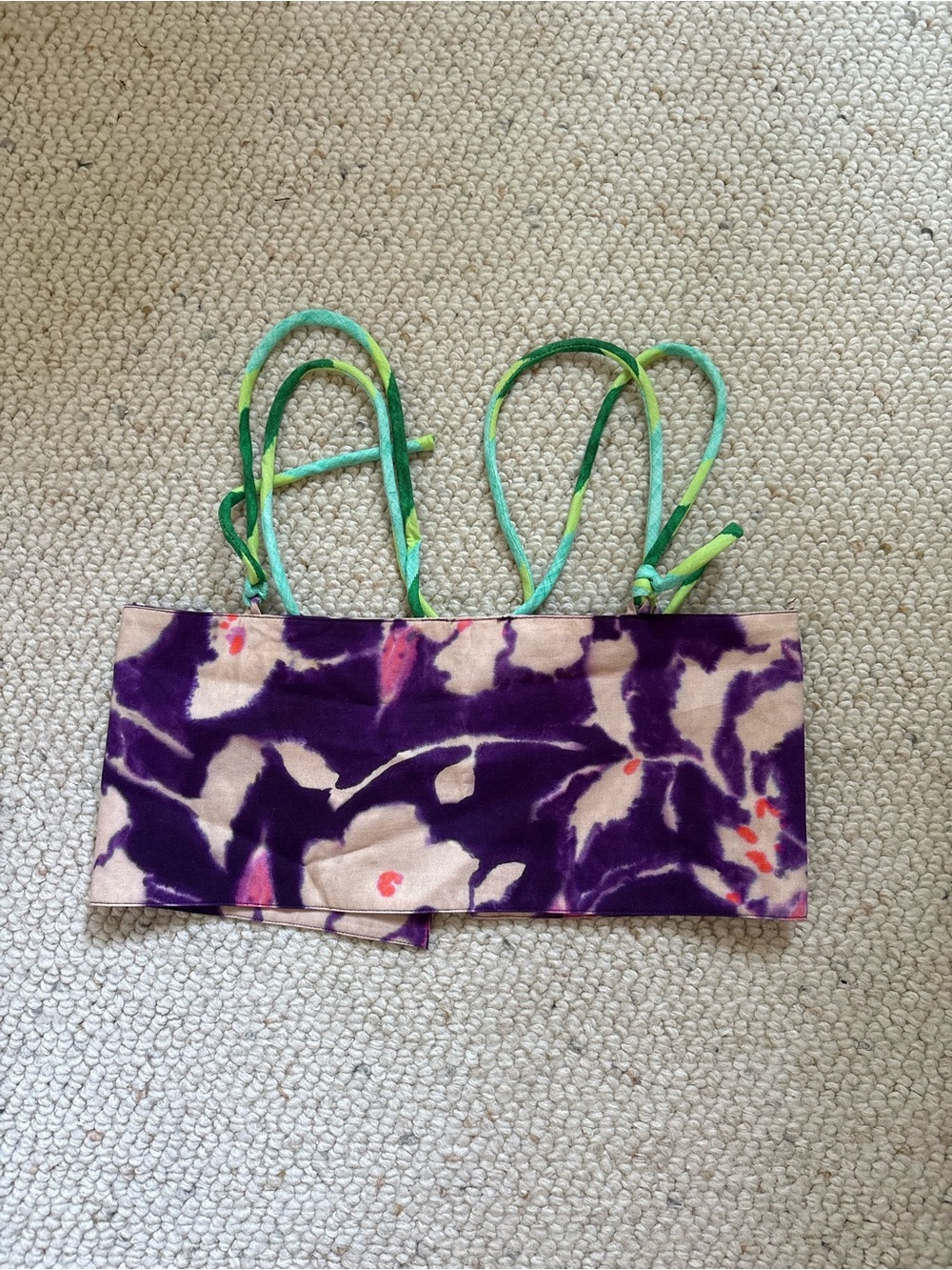 Zara Purple and Cream Floral Crop Top with Green Tie Straps